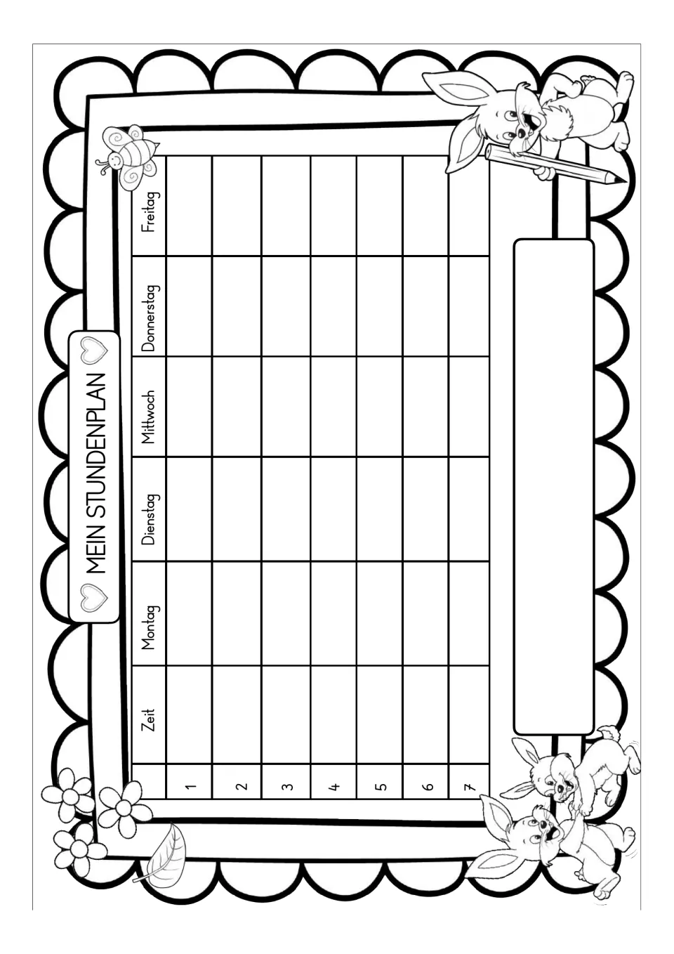 Black-and-white weekly schedule: 'Mein Stundenplan' (My Schedule), Monday through Friday, and periods 1–7.