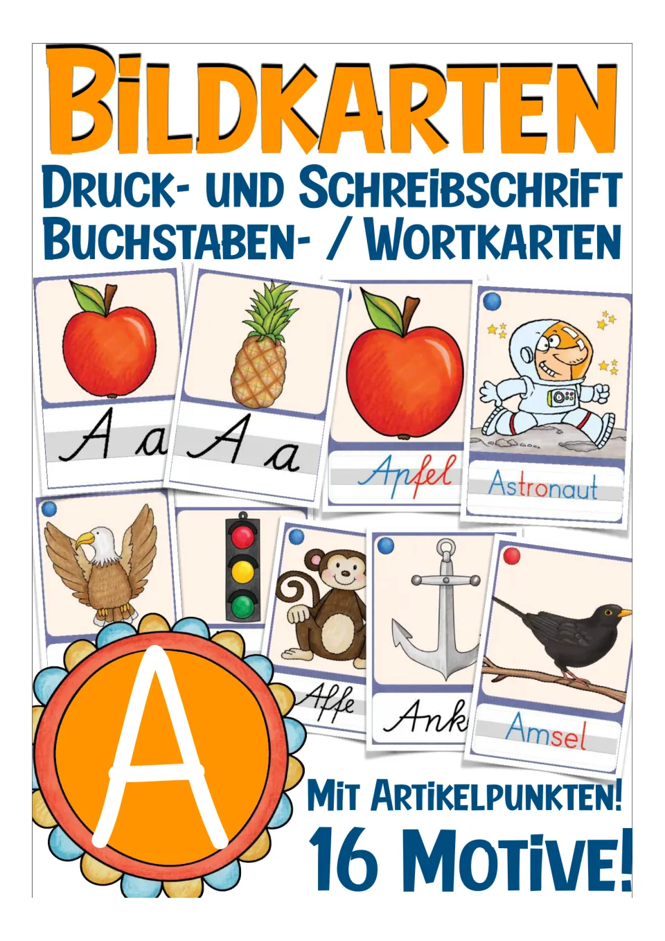 Cover of German Picture Cards: Letter A, advertising 16 motifs, print and cursive versions, and article dots