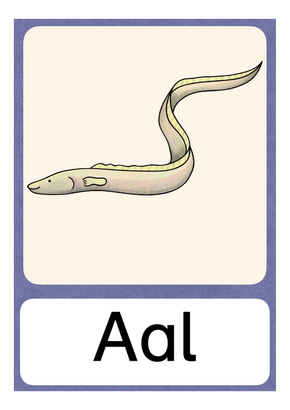 German letter A vocabulary card labeled Aal (eel), showing an eel as one full-page card without an article dot