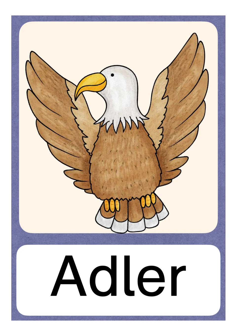 German letter A vocabulary card labeled Adler (eagle), showing an eagle with raised wings and no article dot