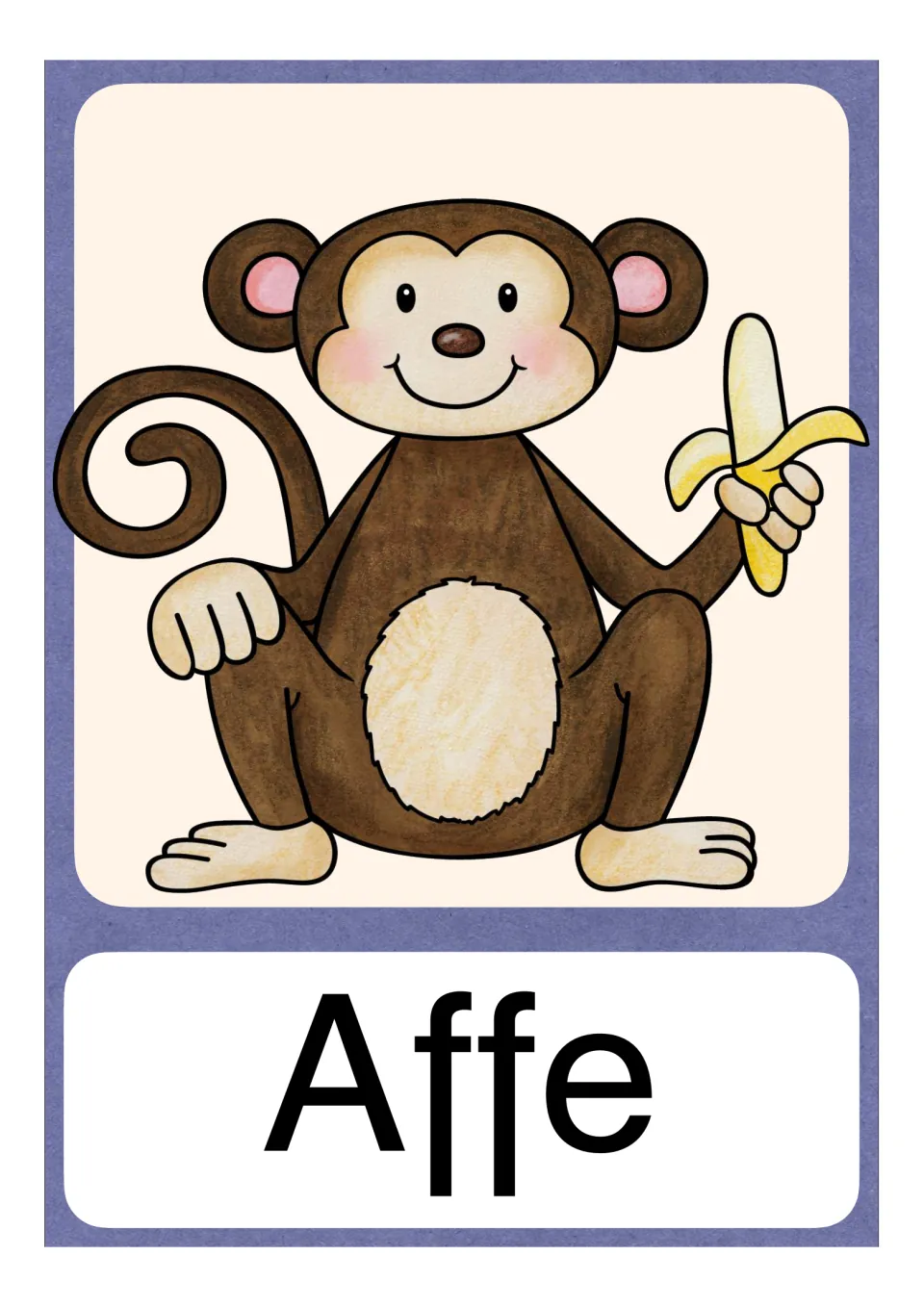 German letter A vocabulary card labeled Affe (monkey), showing a monkey holding a banana and no article dot