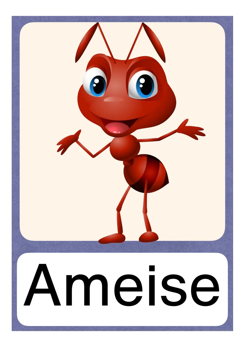 German letter A vocabulary card labeled Ameise (ant), showing a red cartoon ant on a single full-page card