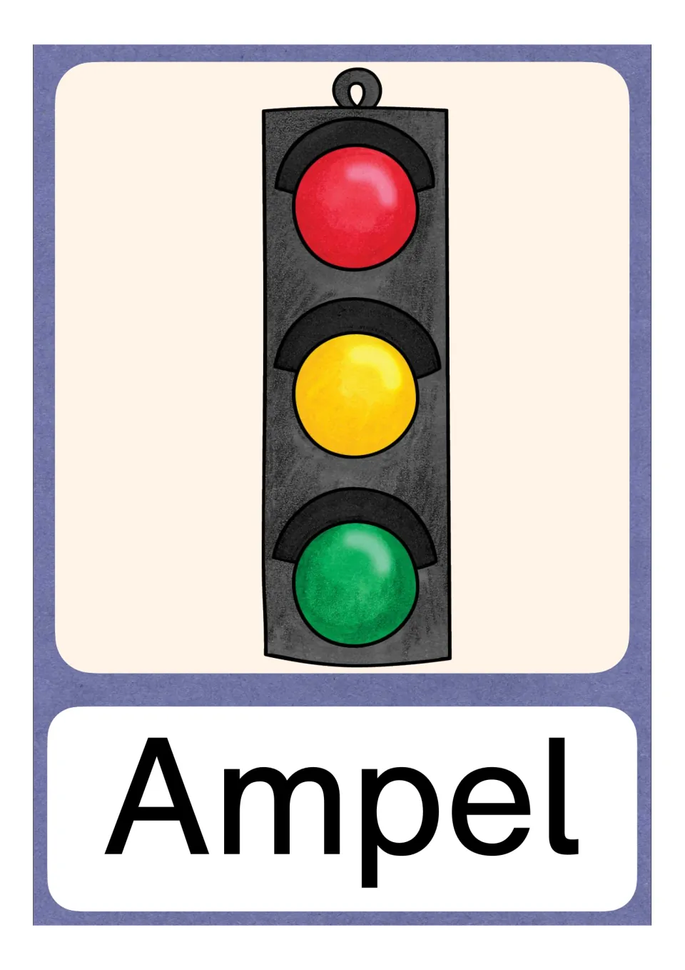 German letter A vocabulary card labeled Ampel (traffic light), showing red, yellow, and green signal lights
