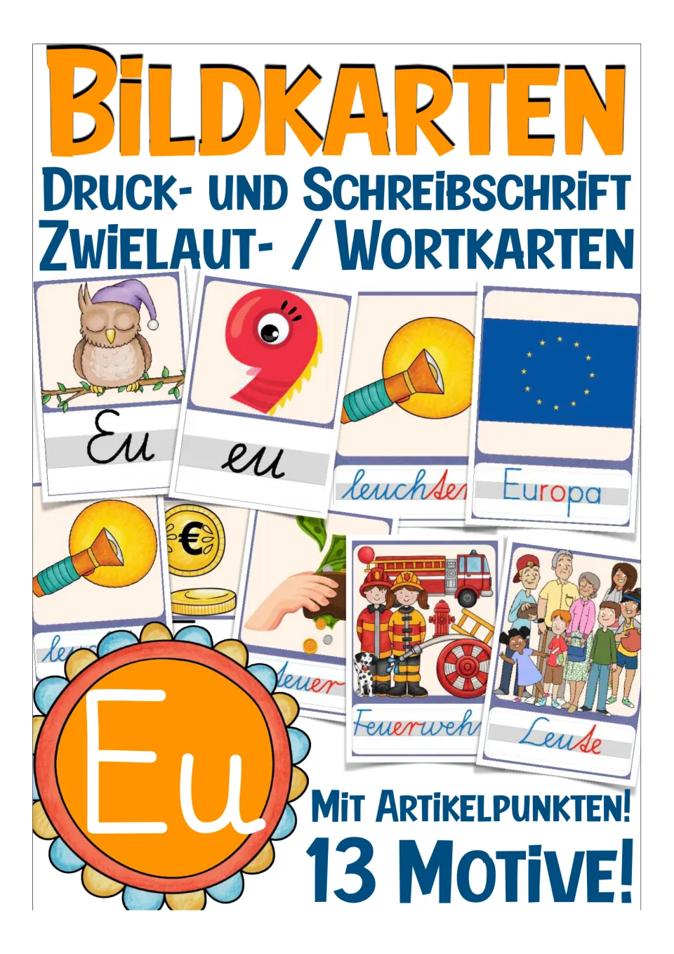 Cover of the German Eu picture-card set, showing sample print and cursive cards and announcing 13 motifs