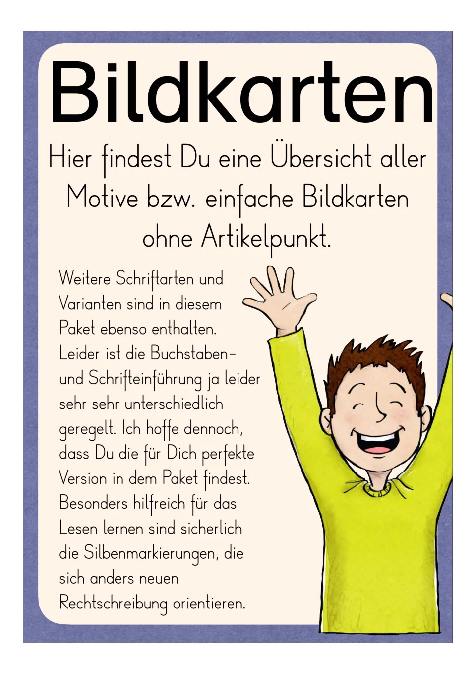 Introduction to the German Eu picture cards without article dots, noting other fonts and syllable markings