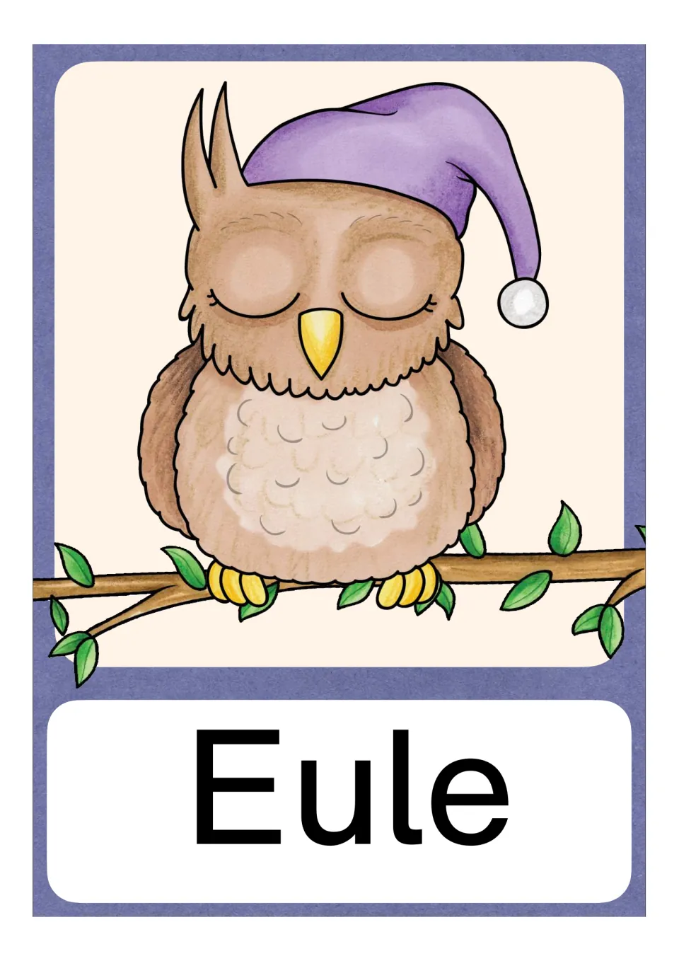 German Eu vocabulary card labeled Eule (owl), showing an owl on a branch as an example of initial Eu