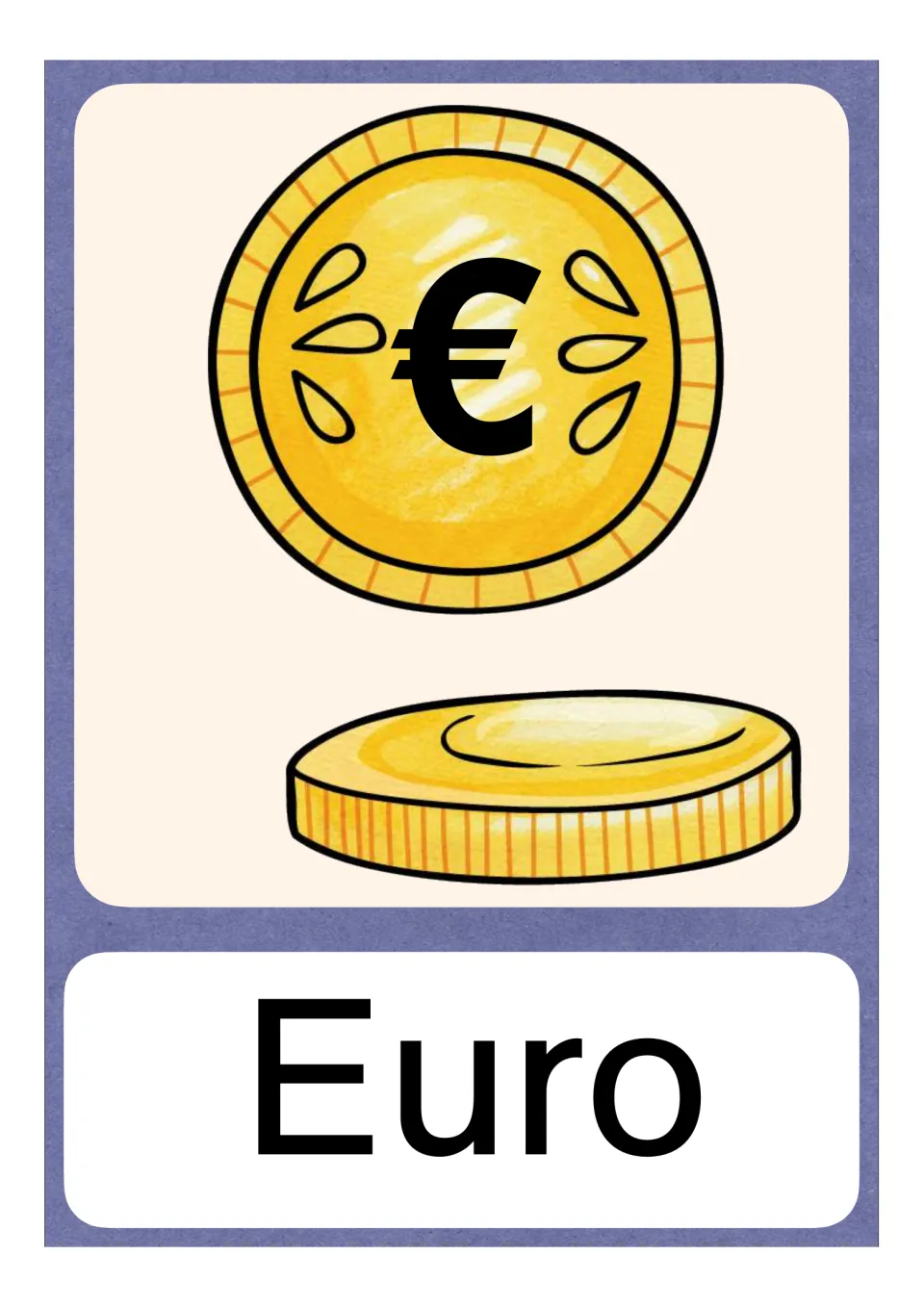 German Eu vocabulary card labeled Euro (euro), showing two coins as an example of the initial Eu spelling