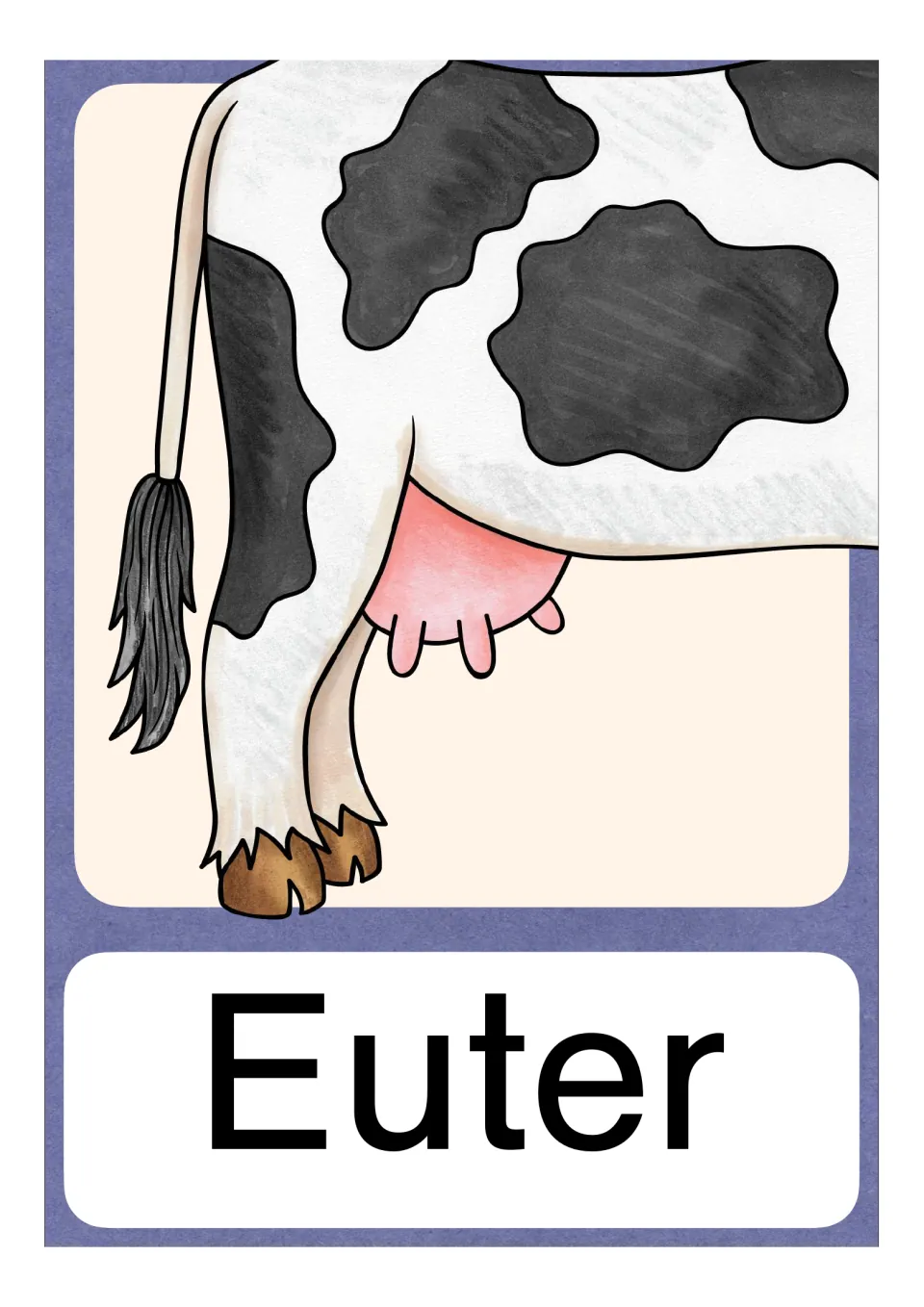 German Eu vocabulary card labeled Euter (udder), showing a cow's udder as an example of initial Eu