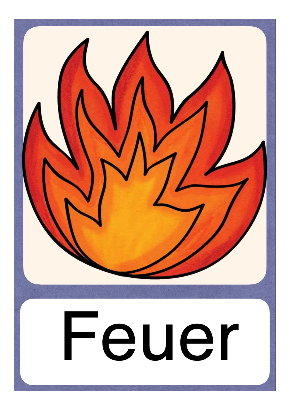 German Eu vocabulary card labeled Feuer (fire), showing flames as an example of eu within a word