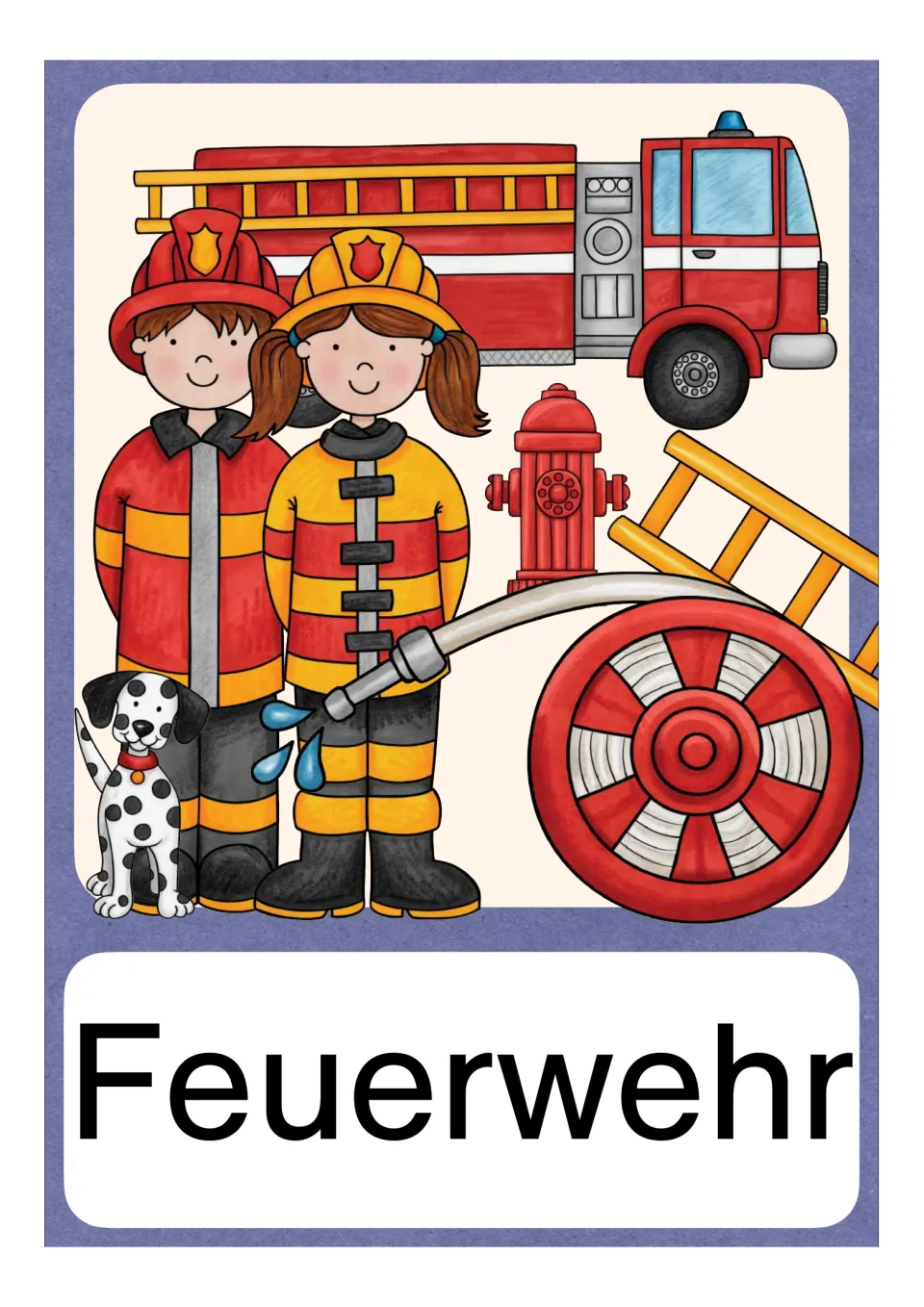German Eu vocabulary card labeled Feuerwehr (fire department), showing firefighters, a truck, and equipment