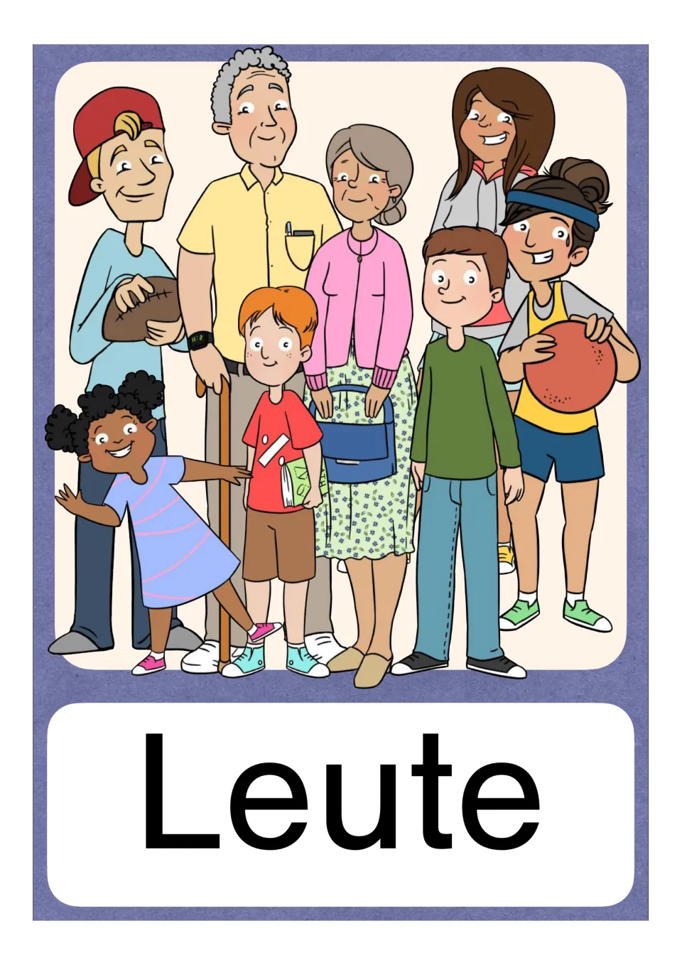 German Eu vocabulary card labeled Leute (people), showing adults and children to illustrate the word