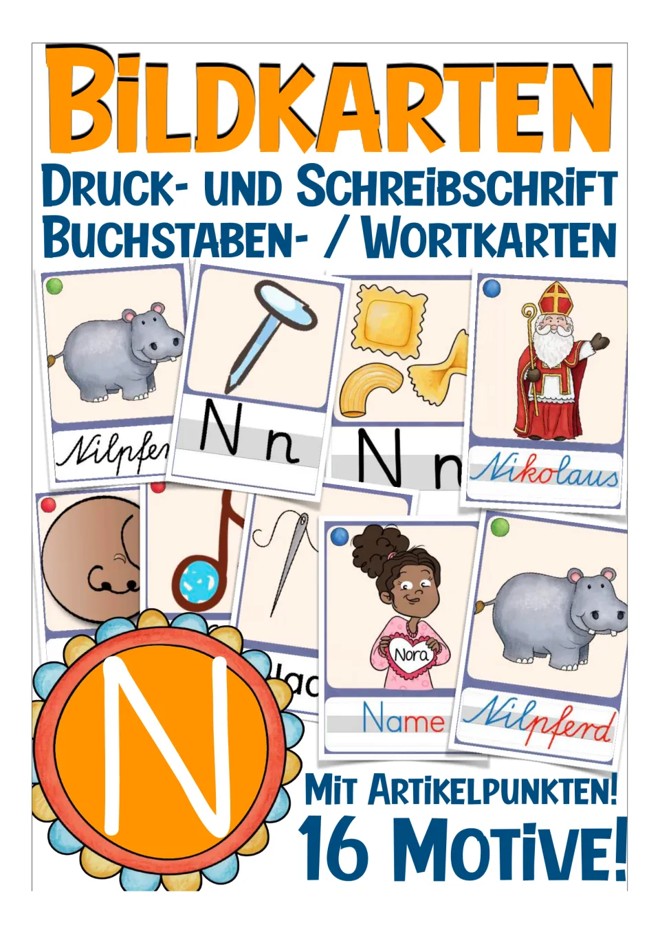 Cover of a German letter N picture card set advertising 16 motifs, print and cursive, and article dots