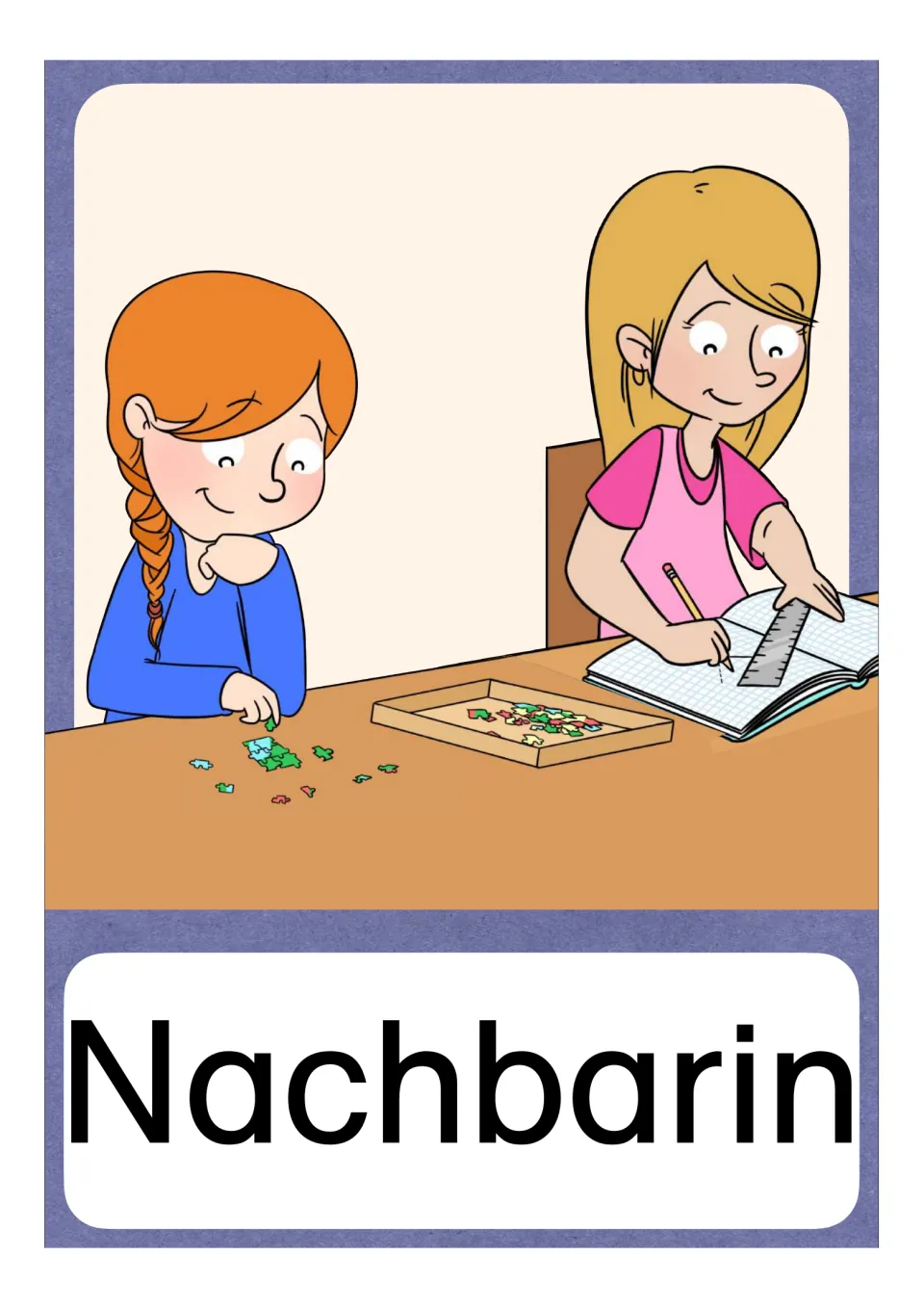 German N vocabulary card labeled Nachbarin (female neighbor), showing two girls working beside each other