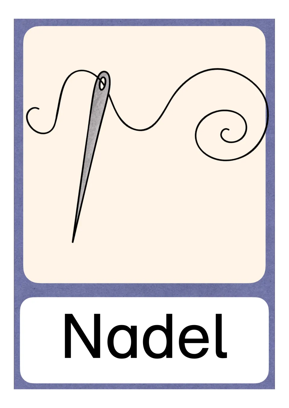 German N vocabulary card labeled Nadel (needle), showing a sewing needle with thread through its eye