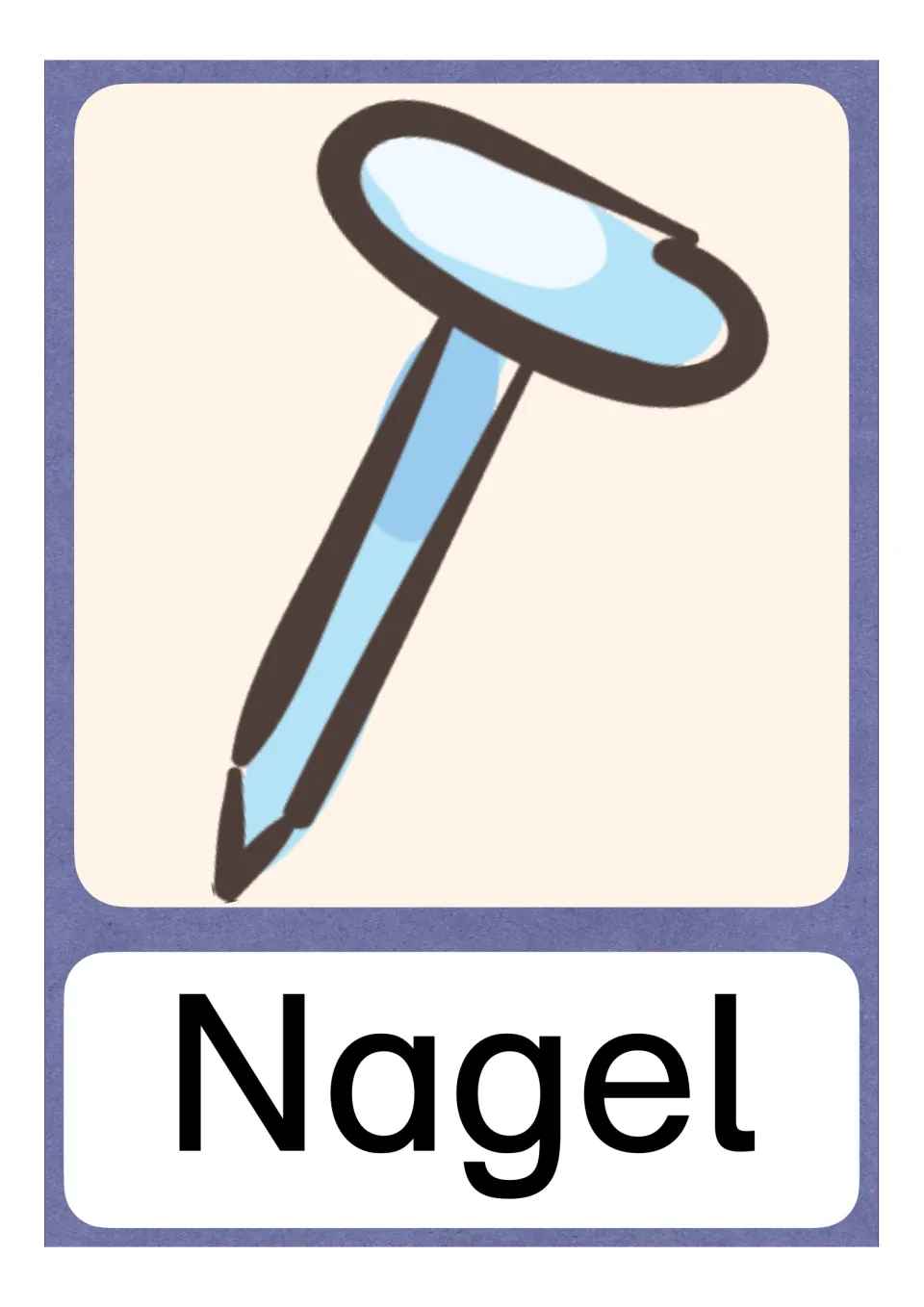 German N vocabulary card labeled Nagel (nail), showing a pointed metal nail for matching picture and word