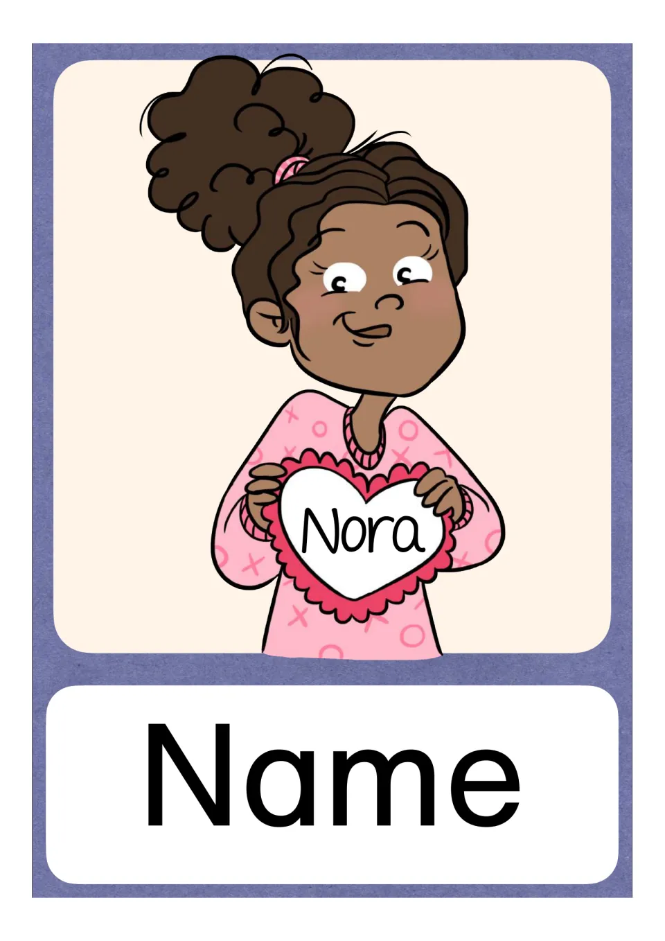 German N vocabulary card labeled Name (name), showing a girl holding a sign bearing the name Nora