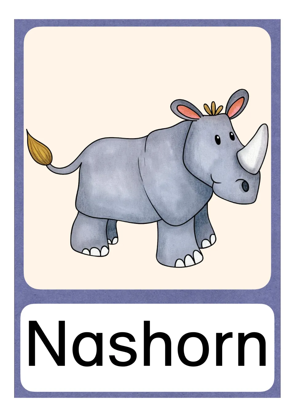German N vocabulary card labeled Nashorn (rhinoceros), showing a gray rhinoceros above the printed word