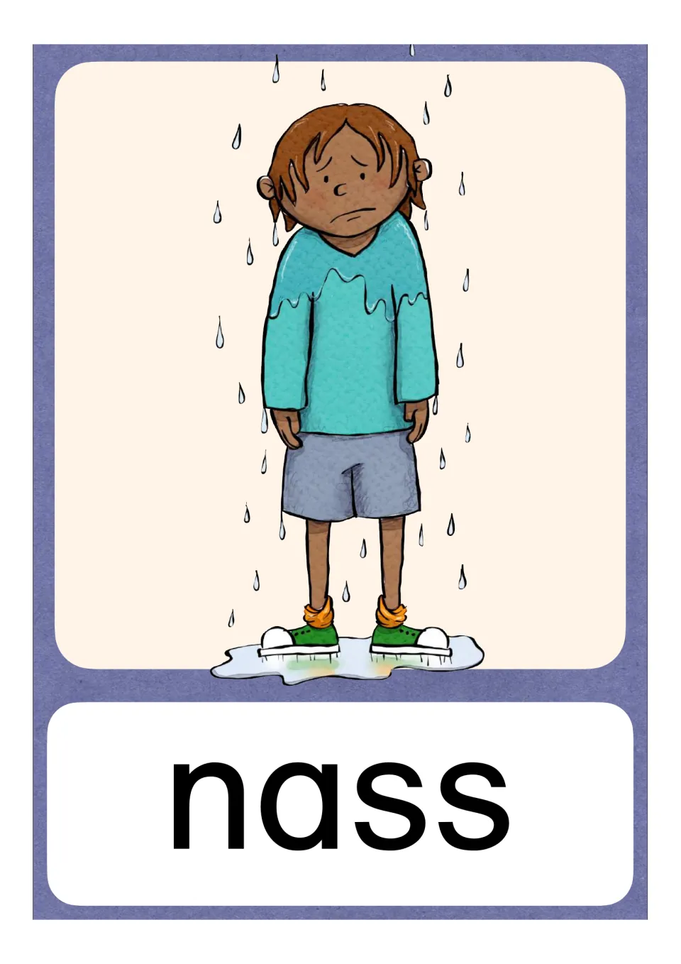 German N vocabulary card labeled nass (wet), showing a child in dripping clothes standing in a puddle
