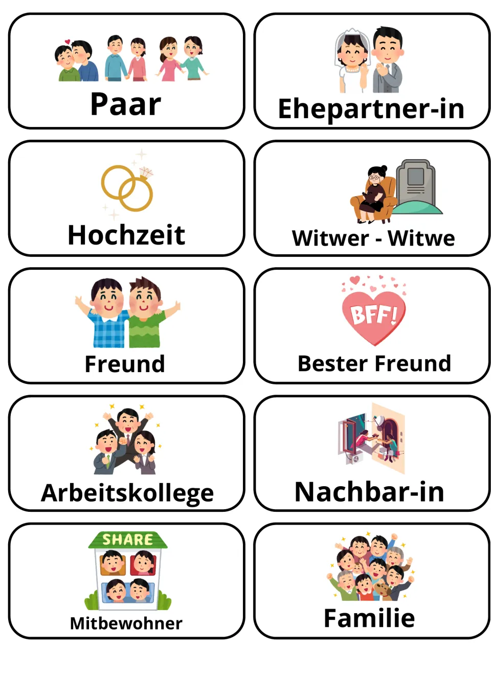 German relationship flashcards 21–30: Paar (couple), Hochzeit (wedding), Familie (family) and seven more.