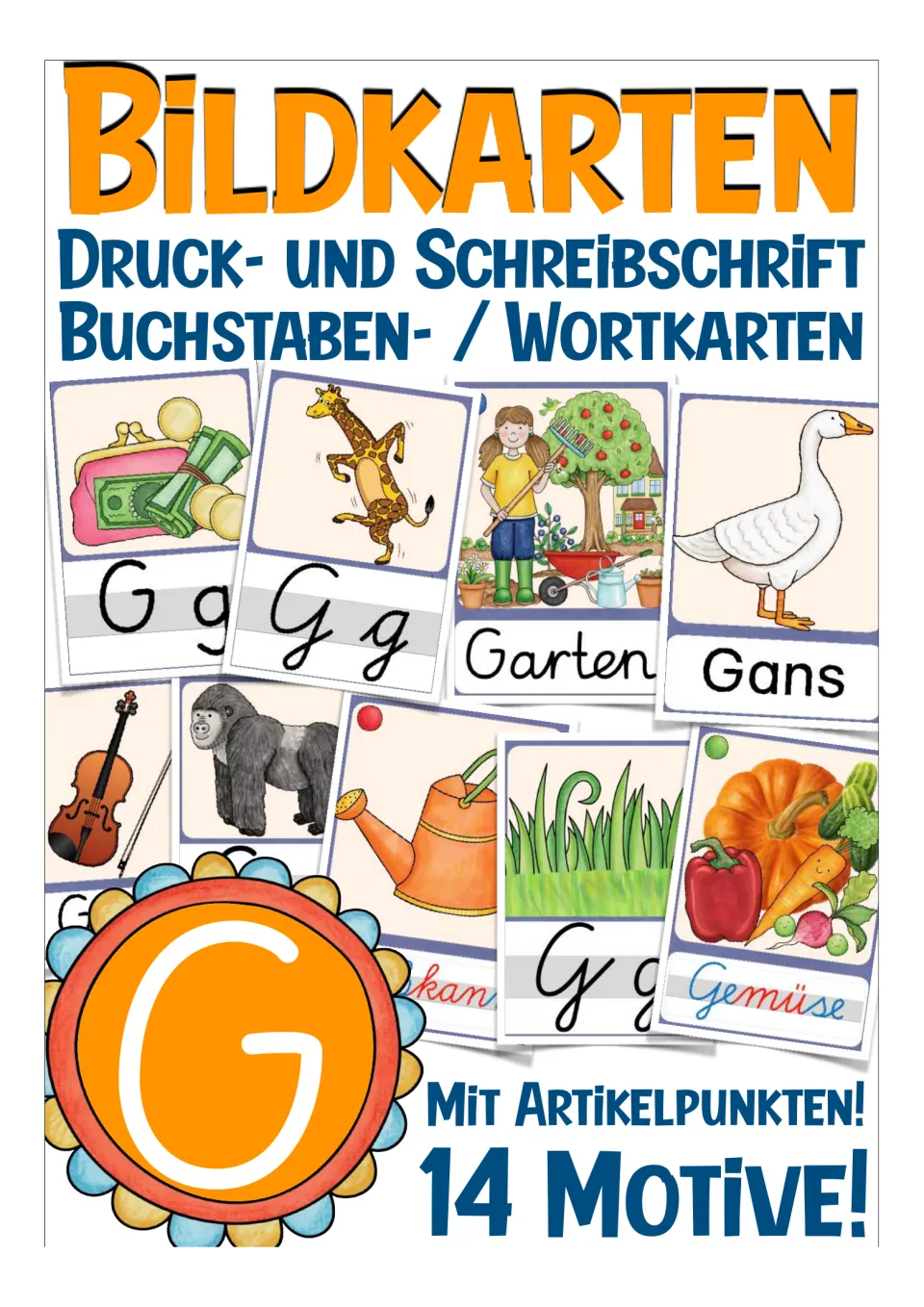 Bildkarten cover for letter G: print and cursive letter and word cards with article dots, 14 pictures like Gans and Garten