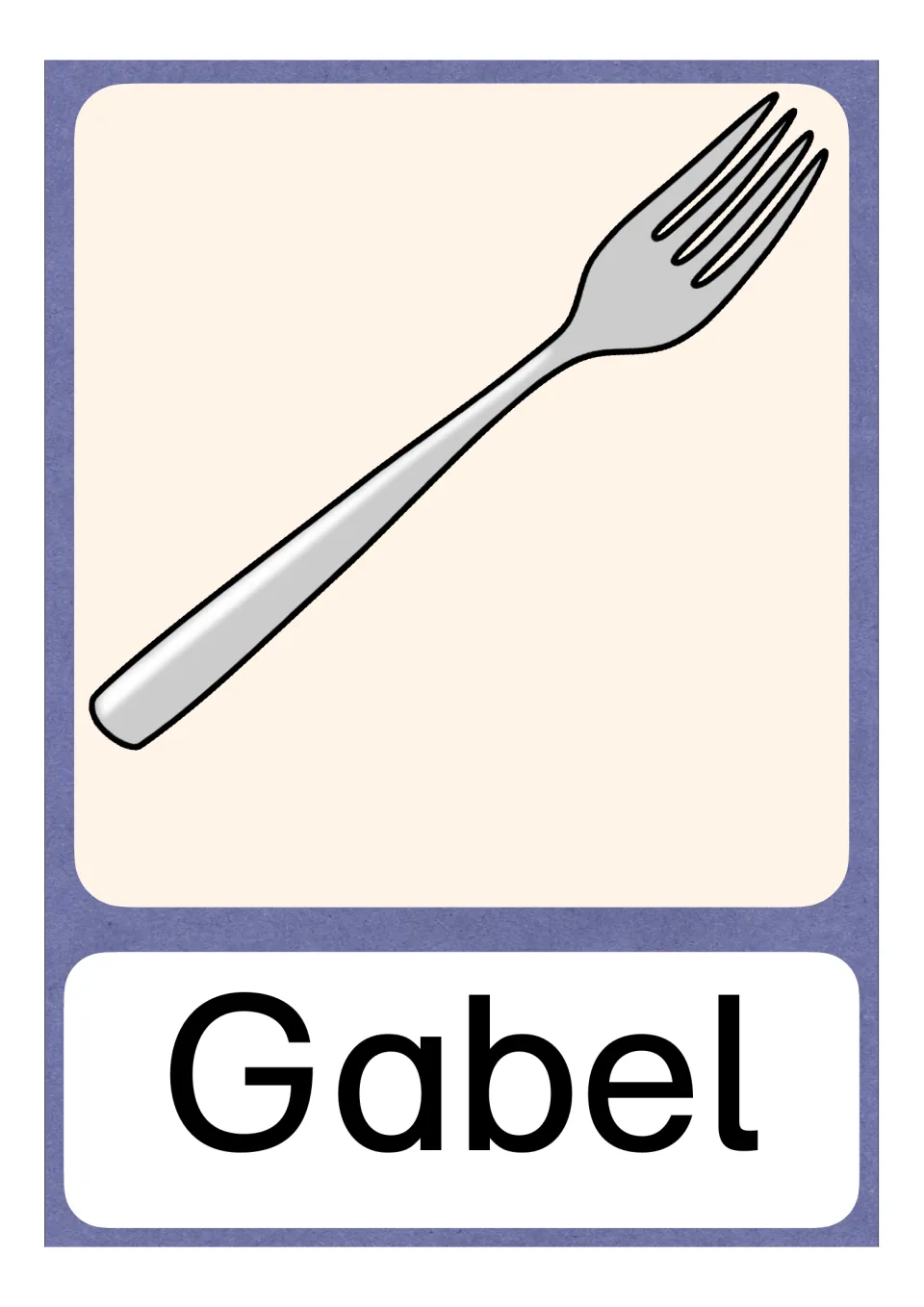 Gabel picture card: a silver fork above the German word Gabel in print, for matching the initial G sound to its picture