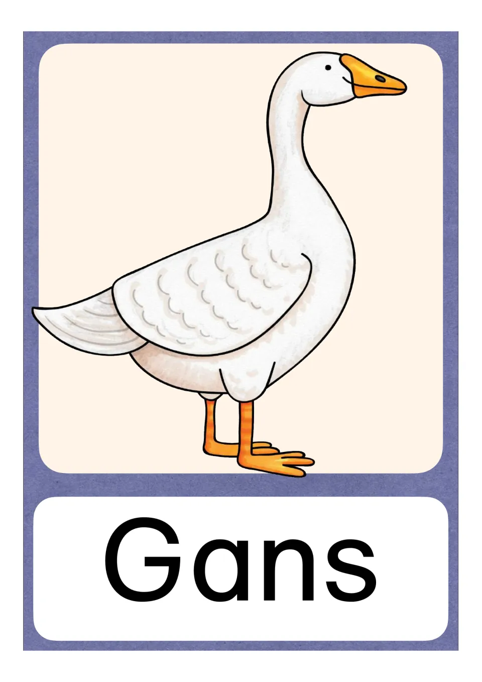 Gans picture card: a white goose with orange beak and feet above the German word Gans, practising the initial G sound