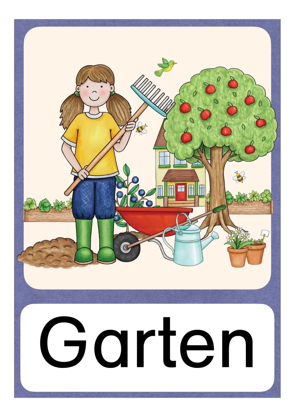 Garten picture card: a girl with a rake beside an apple tree, wheelbarrow and watering can, labeled with the word Garten