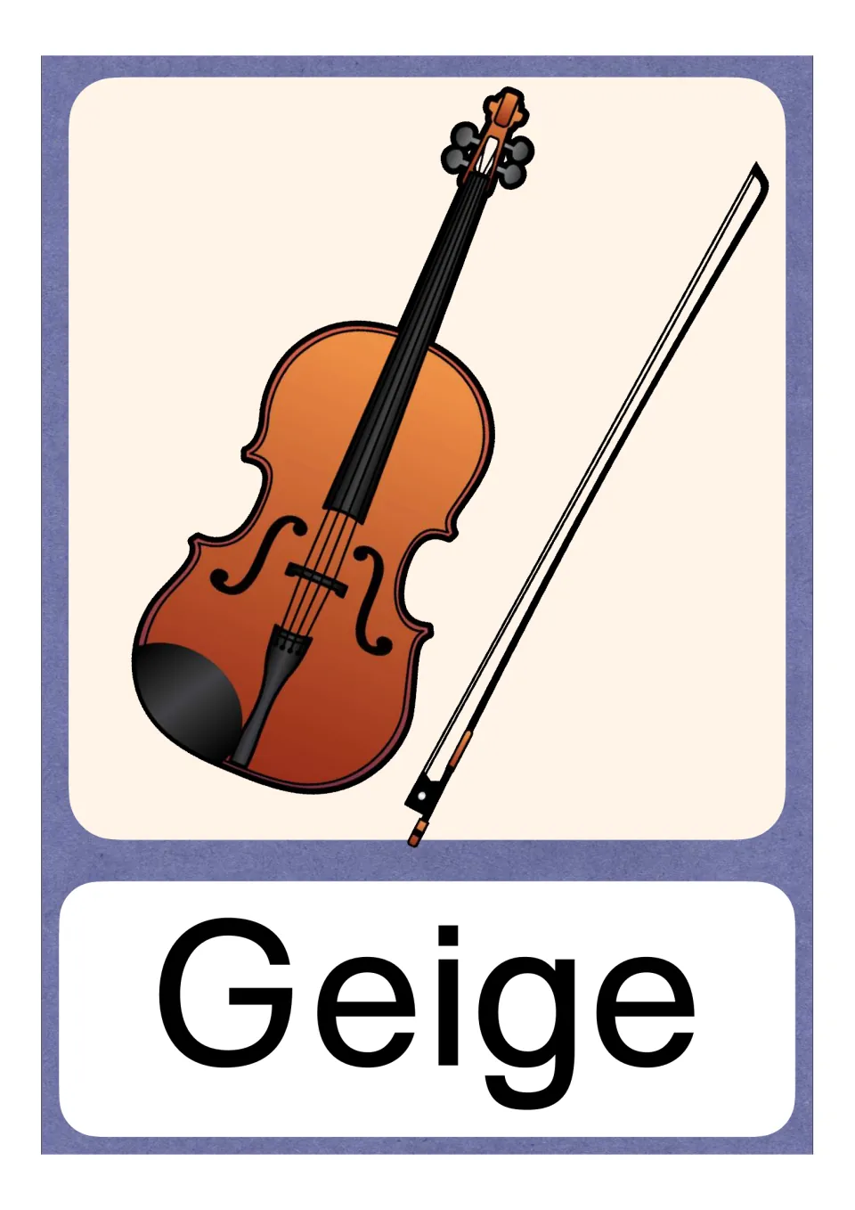 Geige picture card: a violin and bow shown above the printed German word Geige for initial-sound and vocabulary work
