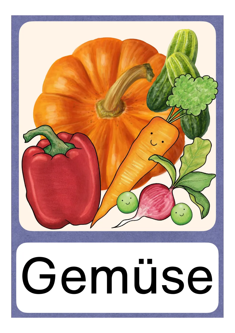 Gemüse picture card: pumpkin, red pepper, carrot, cucumbers, radish and peas above the printed German word Gemüse
