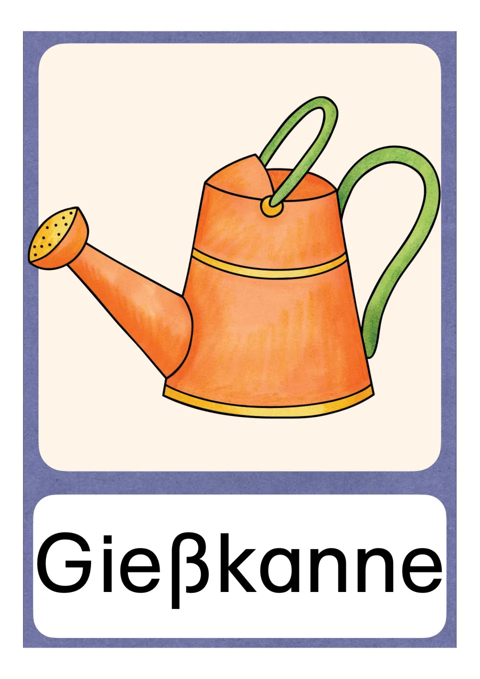 Gießkanne picture card: an orange watering can with a green handle above the printed word Gießkanne, beginning with G