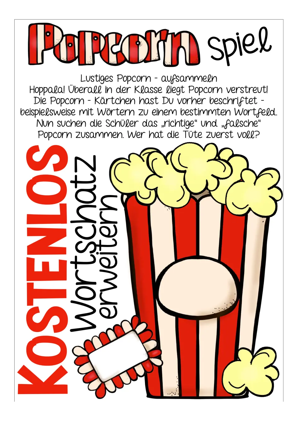 Cover and German game directions: label popcorn cards with words, then collect the right and wrong words.
