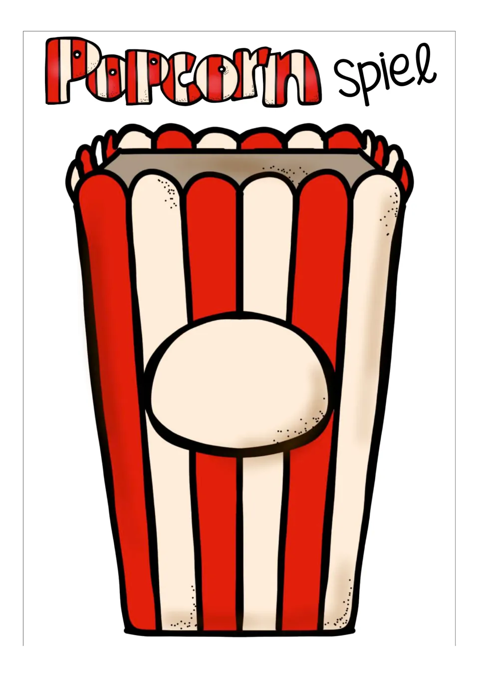 Popcorn bag template for the German vocabulary game, showing an empty striped bag with a blank label.