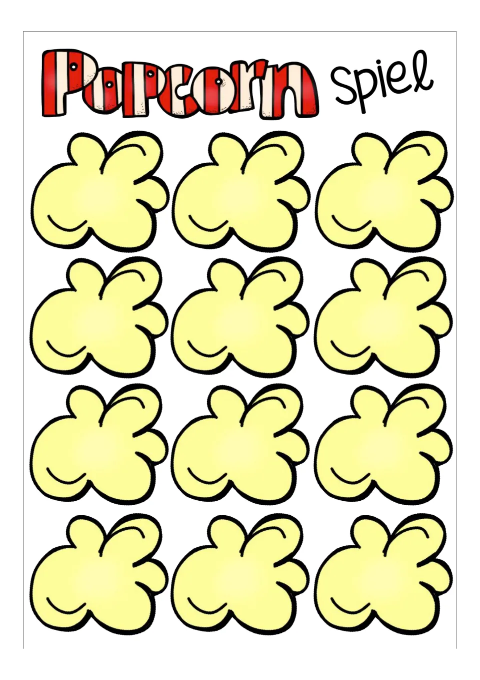 Twelve blank popcorn-shaped cards for the German vocabulary game, ready for the teacher to add words.