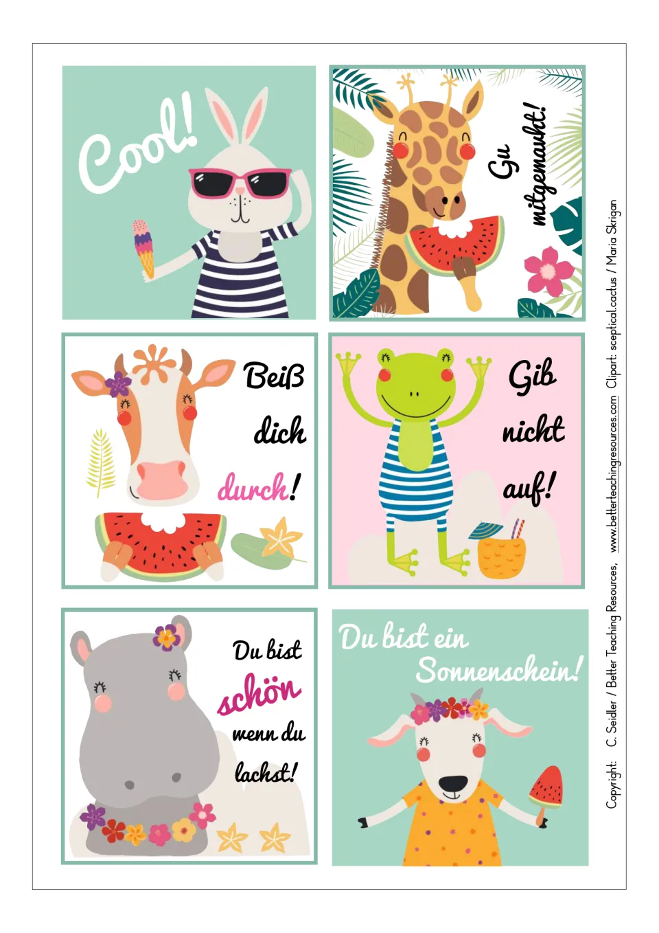 Six German praise cards featuring a rabbit, giraffe, cow, frog, hippo, and sheep, including 'Cool!'