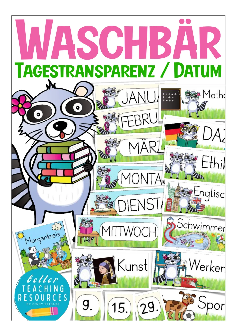 Cover of the German classroom card resource, showing samples of weekday, month, subject, and date cards