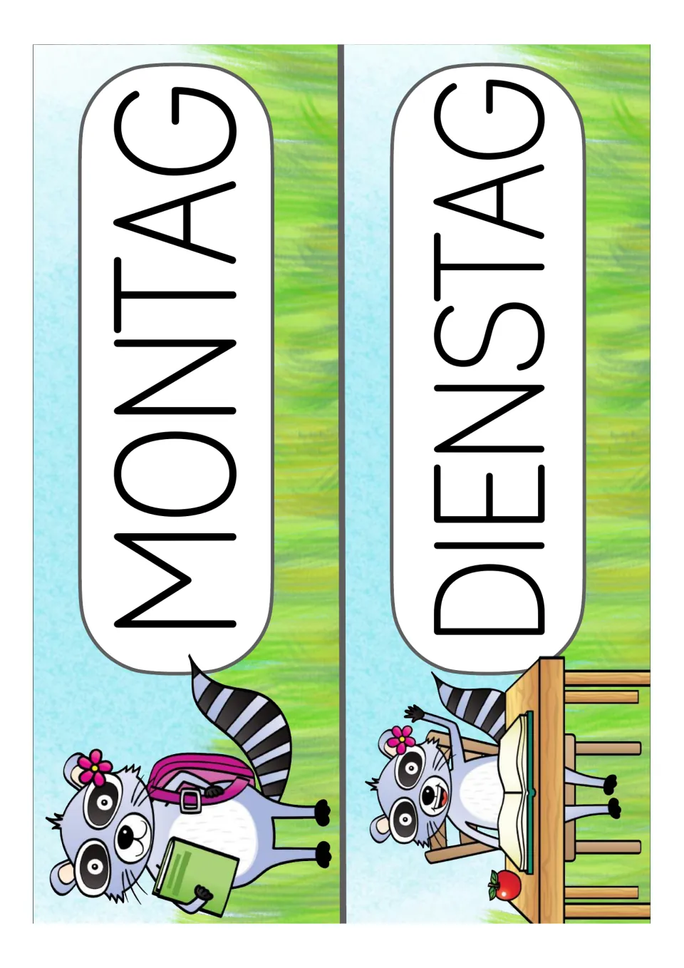 German weekday display cards for Montag (Monday) and Dienstag (Tuesday), printed two per sheet
