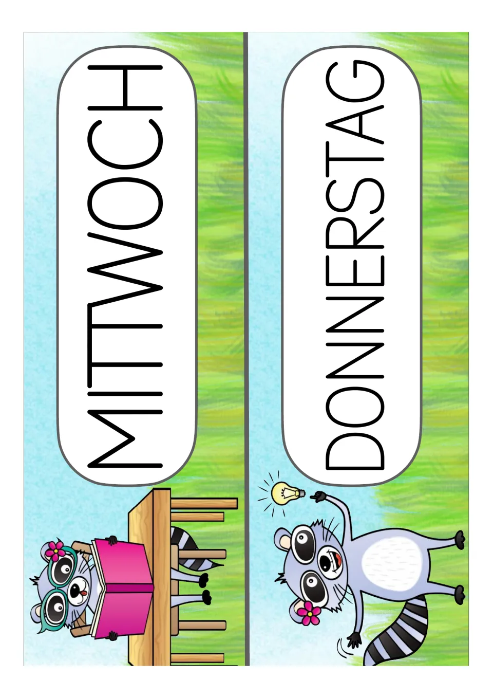 German weekday display cards for Mittwoch (Wednesday) and Donnerstag (Thursday), printed two per sheet