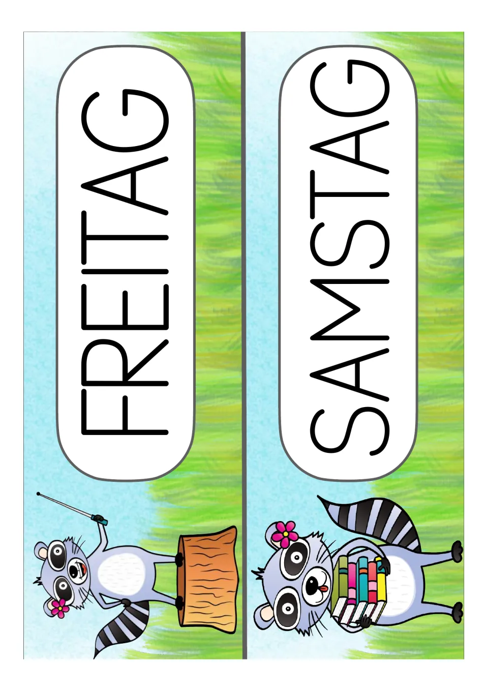 German weekday display cards for Freitag (Friday) and Samstag (Saturday), printed two per sheet