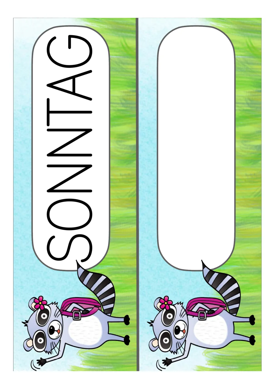 German weekday display card for Sonntag (Sunday), paired with one blank classroom card template