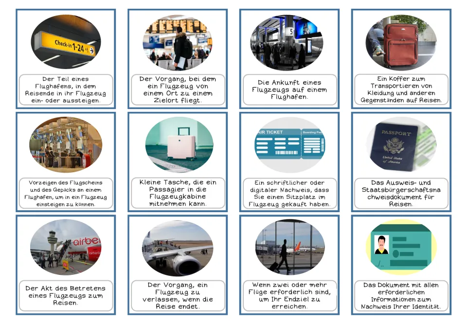 German airport cards 1–12 pair pictures with definitions of a terminal, flight, arrival and nine more.