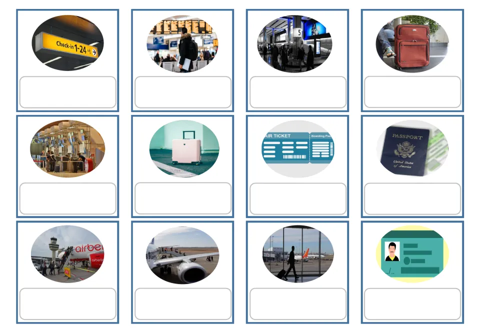 German airport matching cards 1–12 show pictures only, including luggage, a ticket, a passport and boarding.