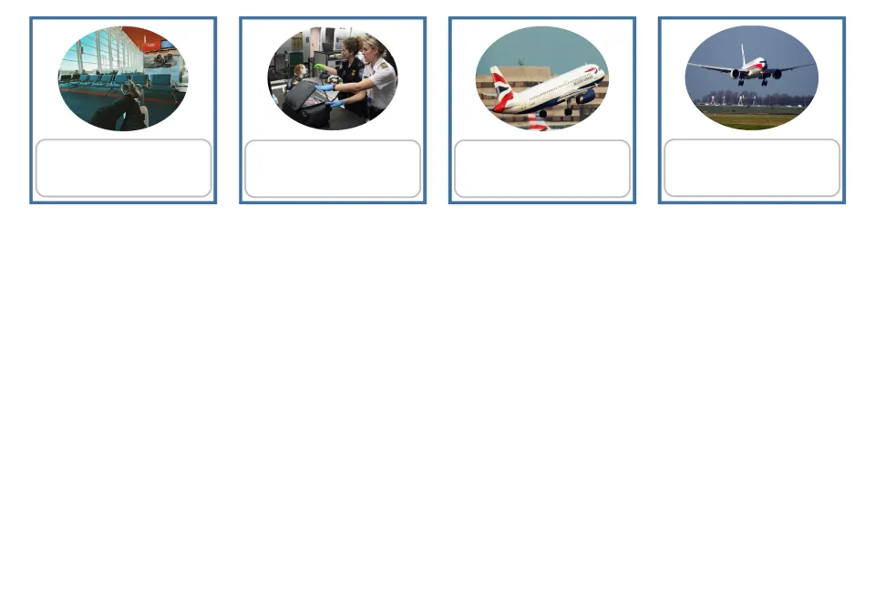 German airport matching cards 13–16 show pictures only for flight delay, customs, takeoff and landing.