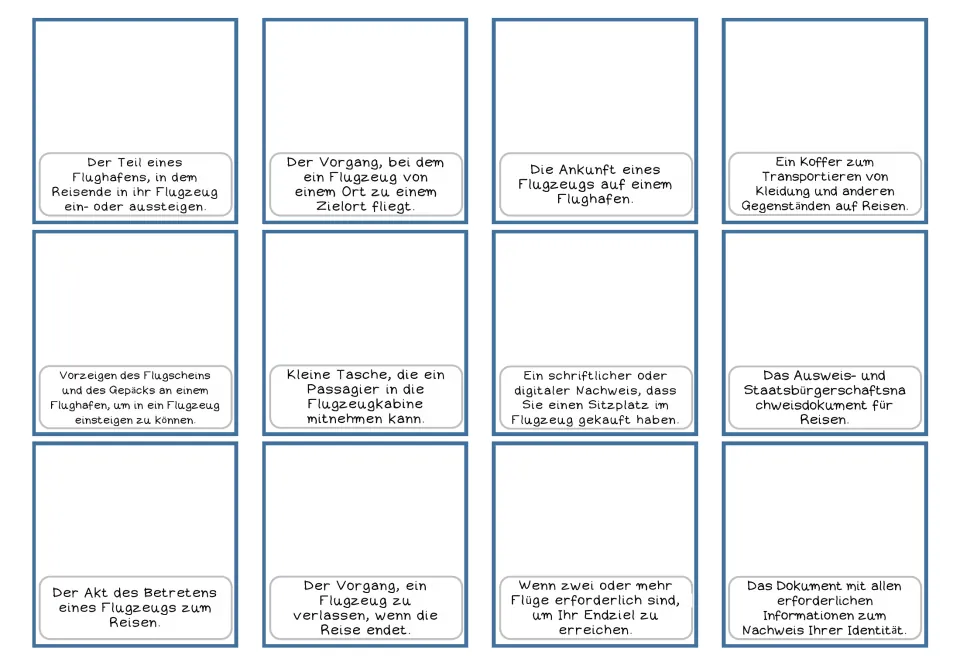 German airport matching cards 1–12 give definitions only for a terminal, flight, arrival and nine more.