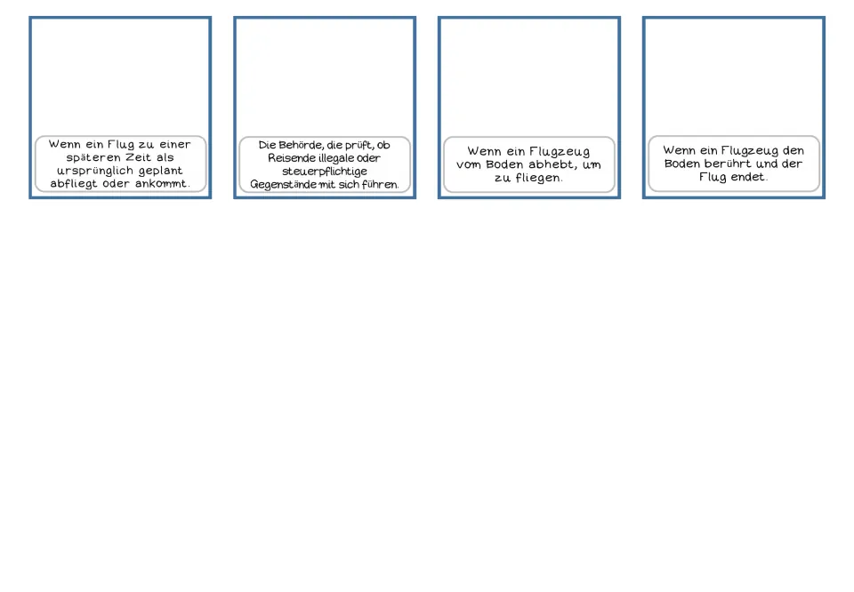 German airport matching cards 13–16 give definitions only for flight delay, customs, takeoff and landing.