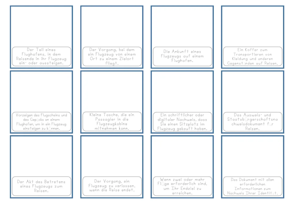 German airport cards 1–12 have traceable definitions without pictures, covering a terminal, flight and more.