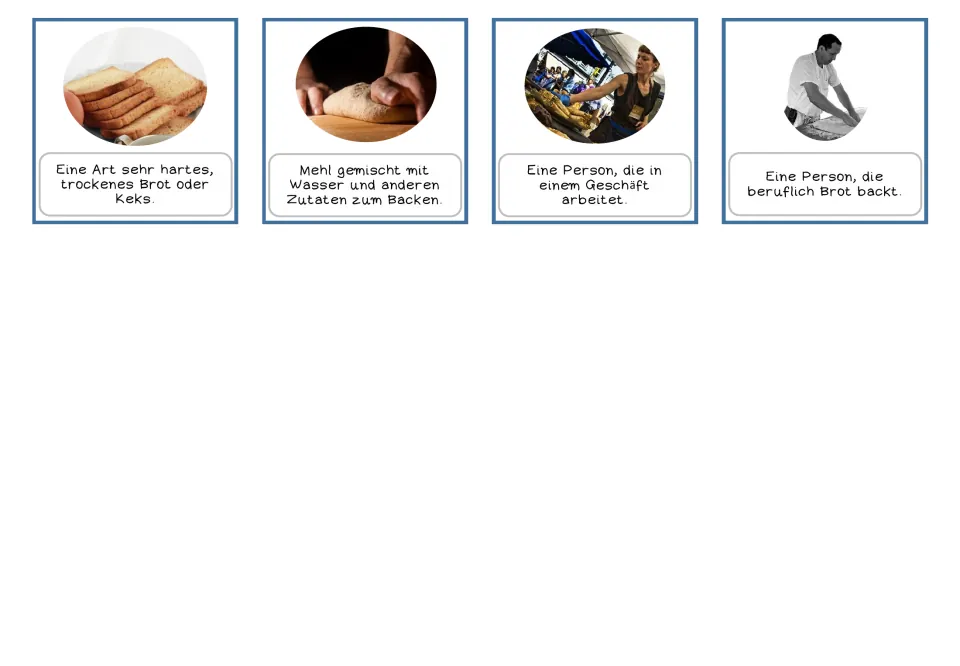German picture-and-definition cards 13–16: hard dry bread, dough, a store worker and a baker