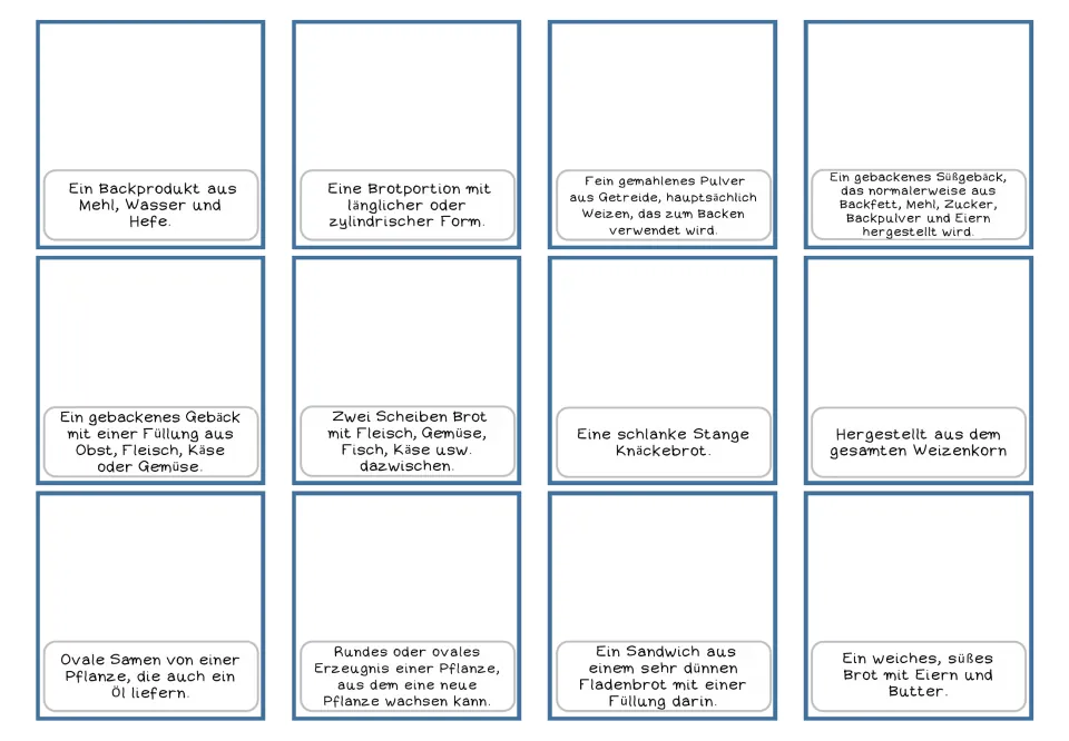 German definition-only matching cards 1–12 describe bread, loaf, flour, cake and eight more bakery items