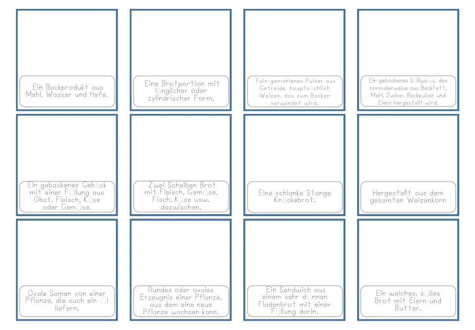 German traceable definition cards 1–12 for bread, loaf, flour, cake and eight more items, without pictures
