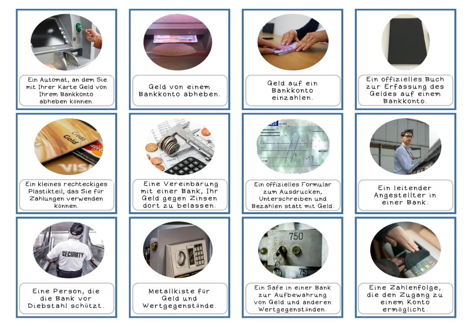 German banking cards 1–12 pair pictures with definitions of an ATM, withdrawals, deposits and nine more.