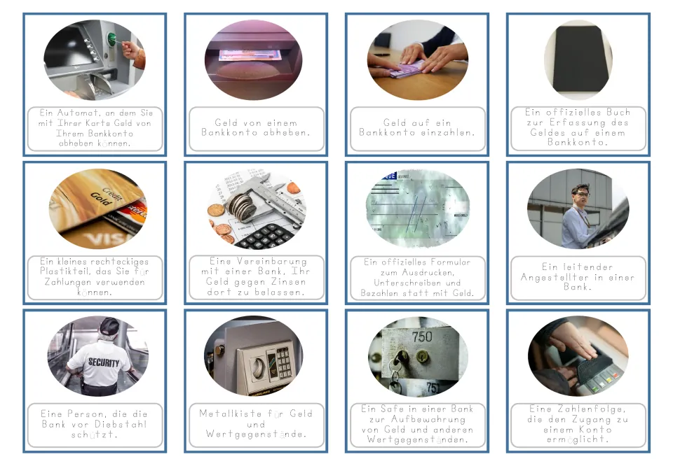 German banking cards 1–12 pair pictures with traceable definitions of an ATM, deposits and ten more.